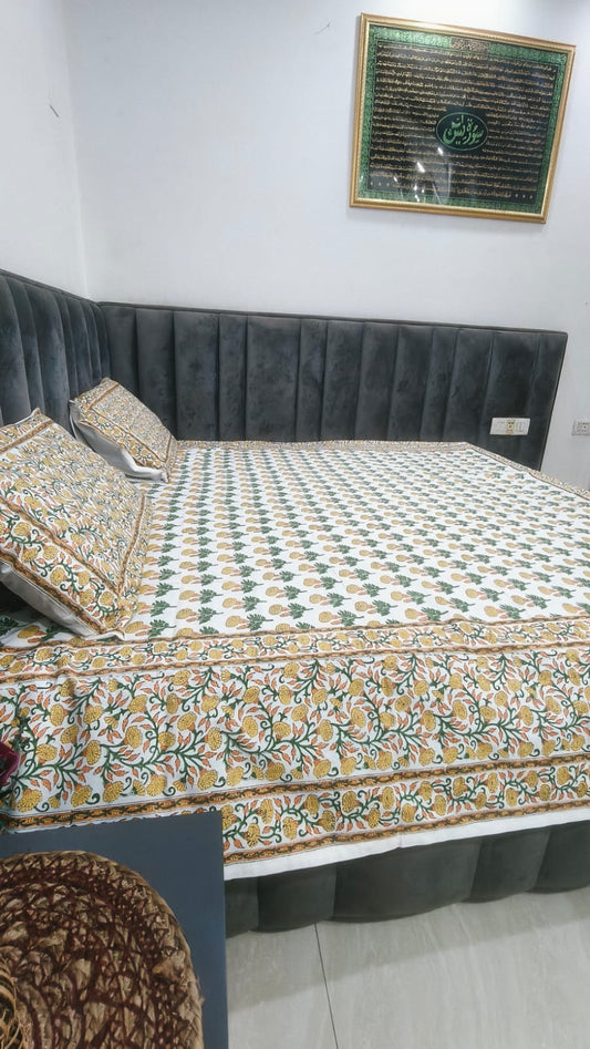 100% Cotton Hand Block Print Bedsheet with 2 Pillow Covers | Soft & Skin-Friendly Floral Double Bed Sheet