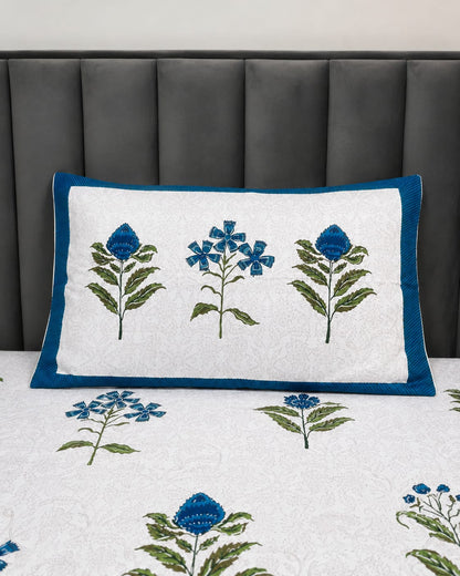 Rangeen Kala 100% Cotton Block Printed King Size Bedsheet with 2 Pillow Covers – Blue Floral Design