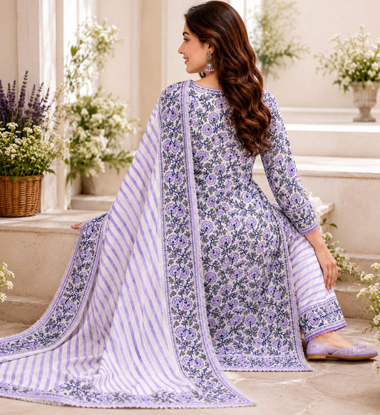 Lavender Floral Printed Unstitched Suit Material with Striped Dupatta