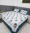 Rangeen Kala 100% Cotton Block Printed King Size Bedsheet with 2 Pillow Covers – Blue Floral Design