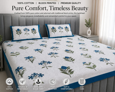 Rangeen Kala 100% Cotton Block Printed King Size Bedsheet with 2 Pillow Covers – Blue Floral Design