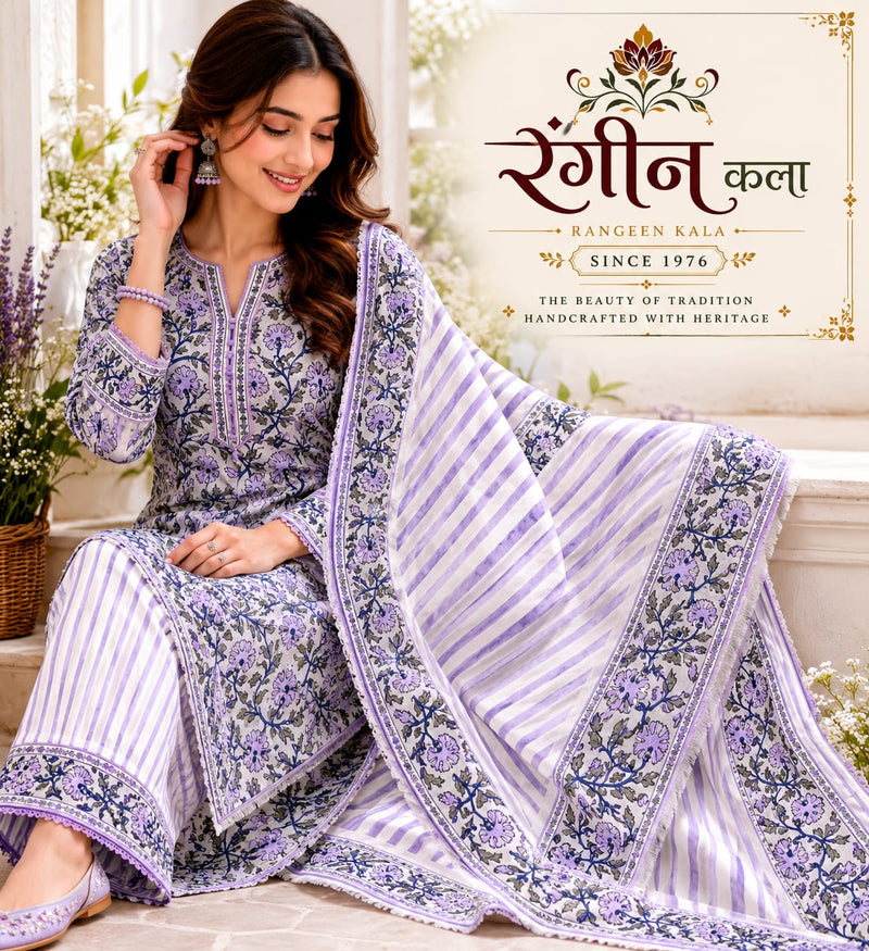 Lavender Floral Printed Unstitched Suit Material with Striped Dupatta