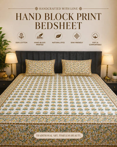 100% Cotton Hand Block Print Bedsheet with 2 Pillow Covers | Soft & Skin-Friendly Floral Double Bed Sheet