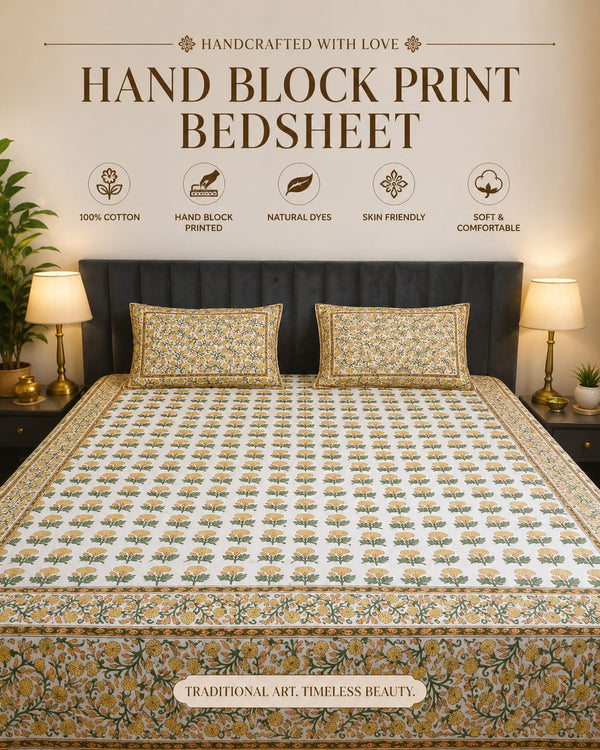 100% Cotton Hand Block Print Bedsheet with 2 Pillow Covers | Soft & Skin-Friendly Floral Double Bed Sheet