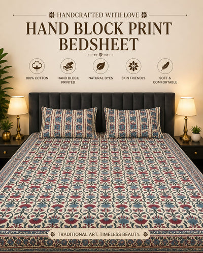 100% Cotton Hand Block Print Bedsheet with 2 Pillow Covers | Premium Floral Double Bed Sheet | Soft & Skin-Friendly