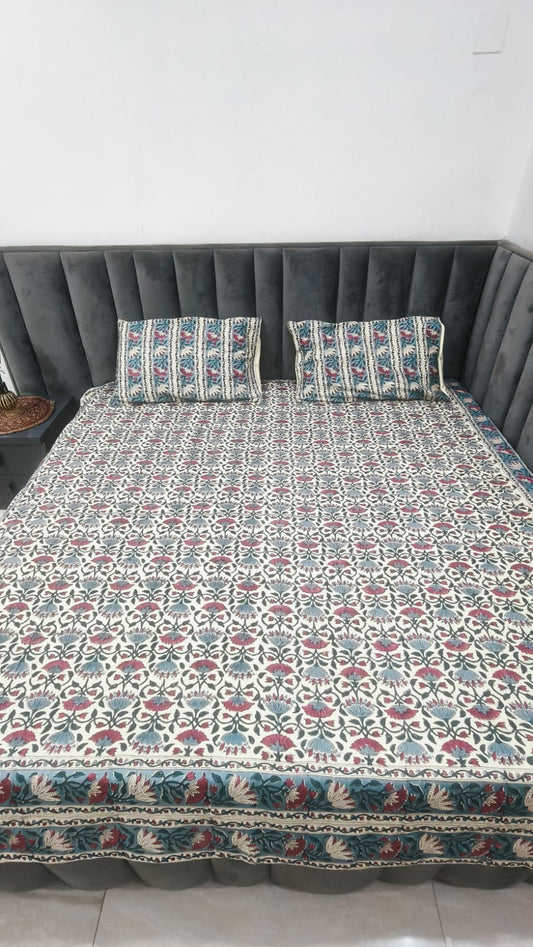 100% Cotton Hand Block Print Bedsheet with 2 Pillow Covers | Premium Floral Double Bed Sheet | Soft & Skin-Friendly