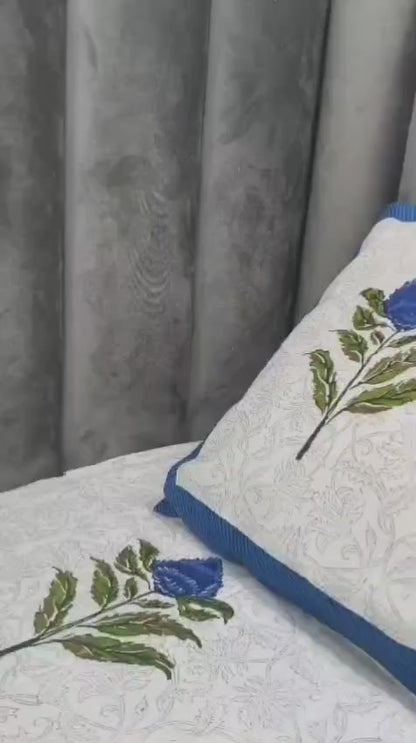 Rangeen Kala 100% Cotton Block Printed King Size Bedsheet with 2 Pillow Covers – Blue Floral Design